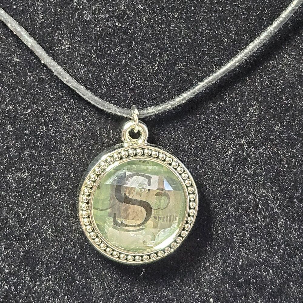Vintage Brighton Initial Letter S Pendant Cord Necklace Black Silver Plate 28"